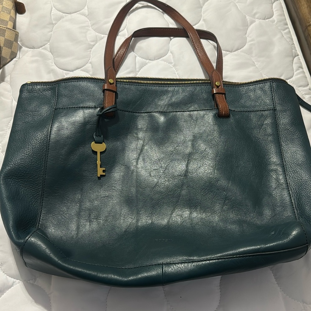 Fossil Womens Rachel Zip Top Tote Shoulder Bag Purse Black Brown Leather Laptop